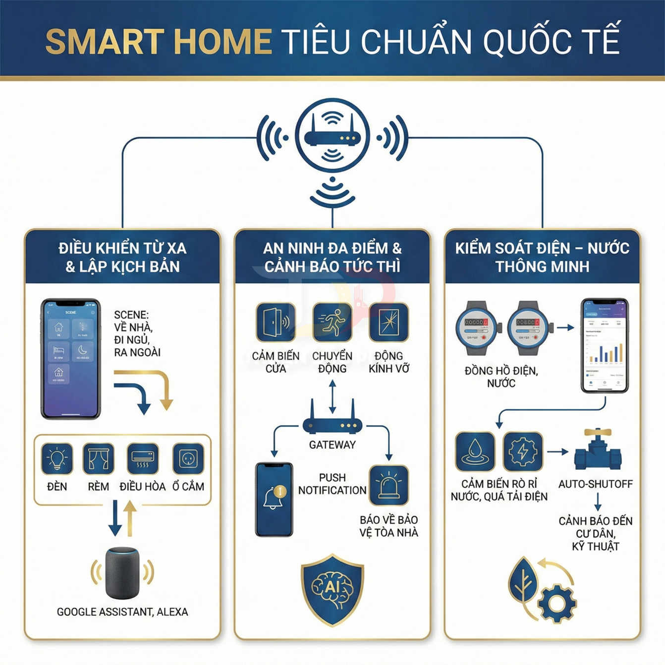 Giải pháp nhà thông minh điều khiển từ xa, an ninh đa điểm và kiểm soát điện nước qua ứng dụng di động
