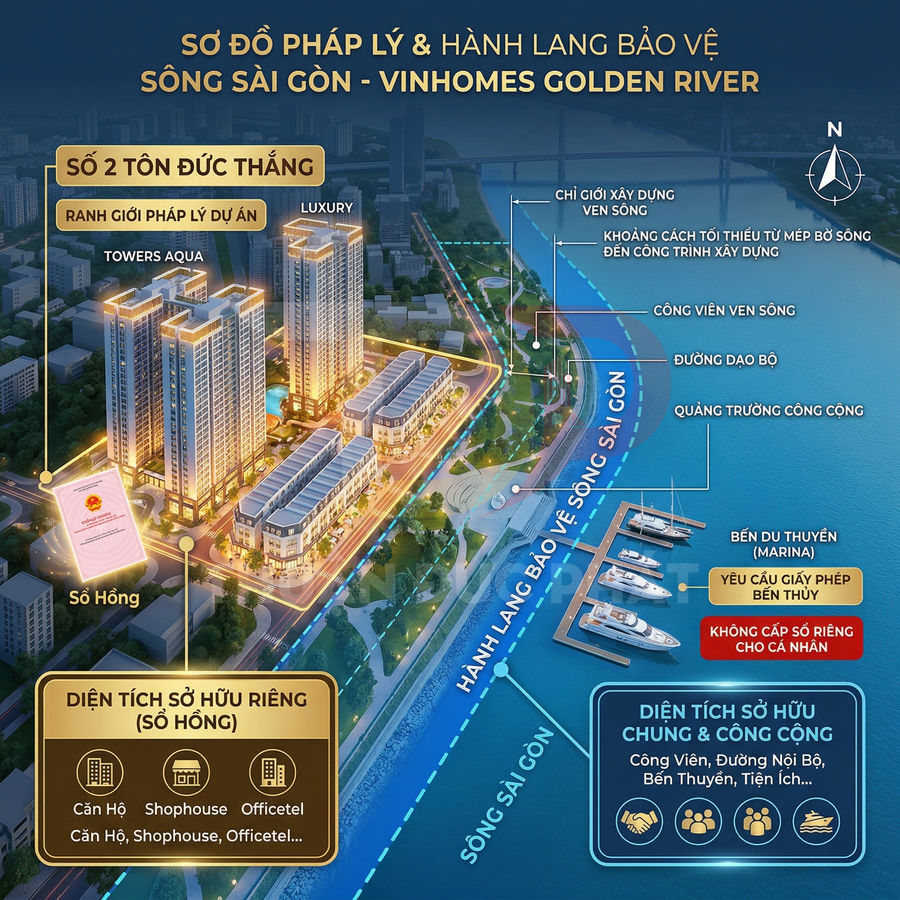 Sơ đồ pháp lý và hành lang bảo vệ sông Sài Gòn dự án căn hộ Vinhomes Golden River bên bến du thuyền