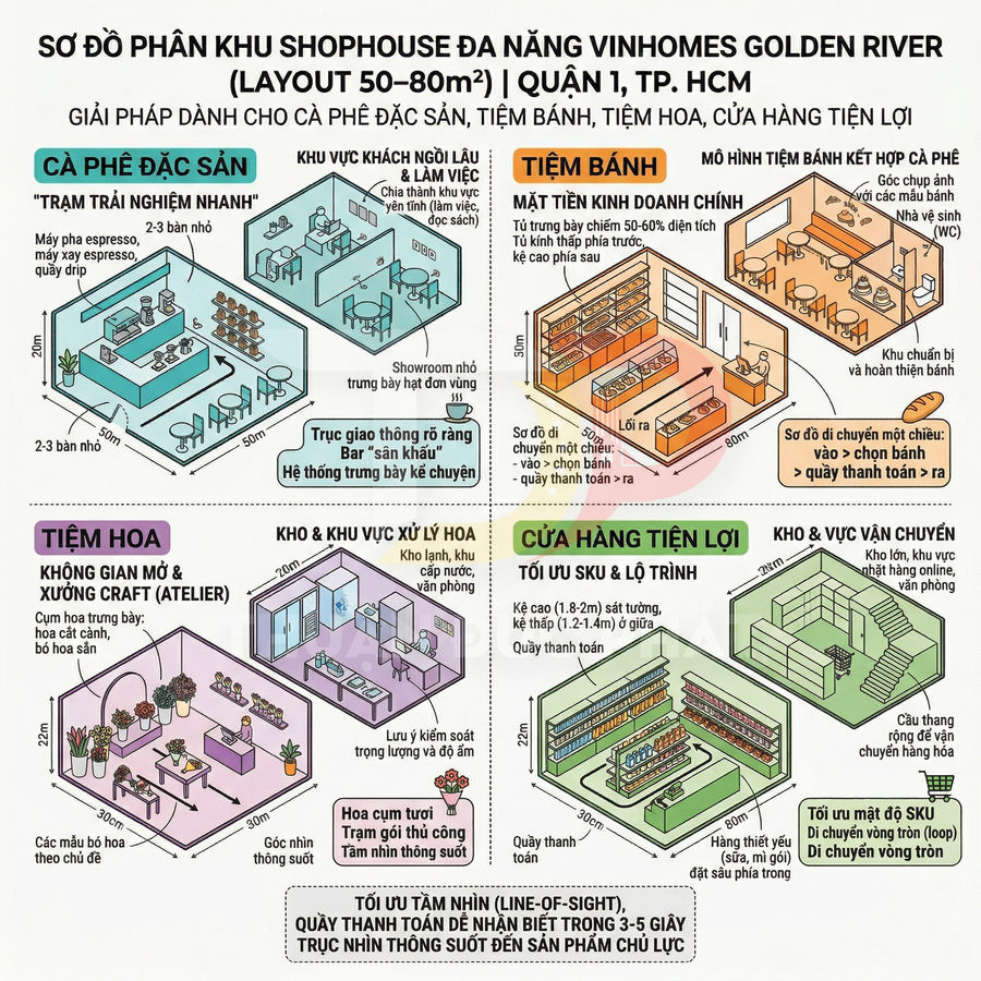 Sơ đồ bố trí shophouse đa năng Vinhomes Golden River cho quán cà phê, tiệm bánh, tiệm hoa, cửa hàng tiện lợi