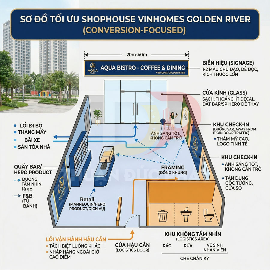 Sơ đồ bố trí tối ưu shophouse Aqua Bistro Coffee and Dining tại Vinhomes Golden River