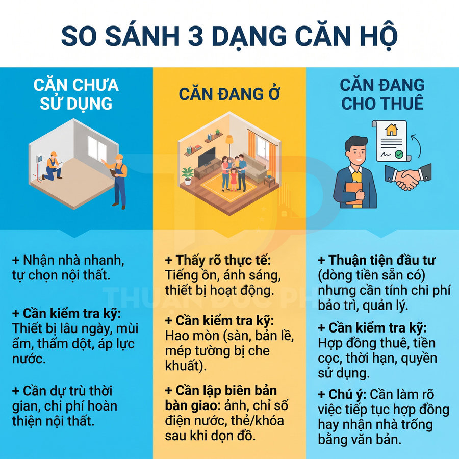 So sánh căn hộ chưa sử dụng, đang ở và đang cho thuê cùng các lưu ý khi nhận nhà