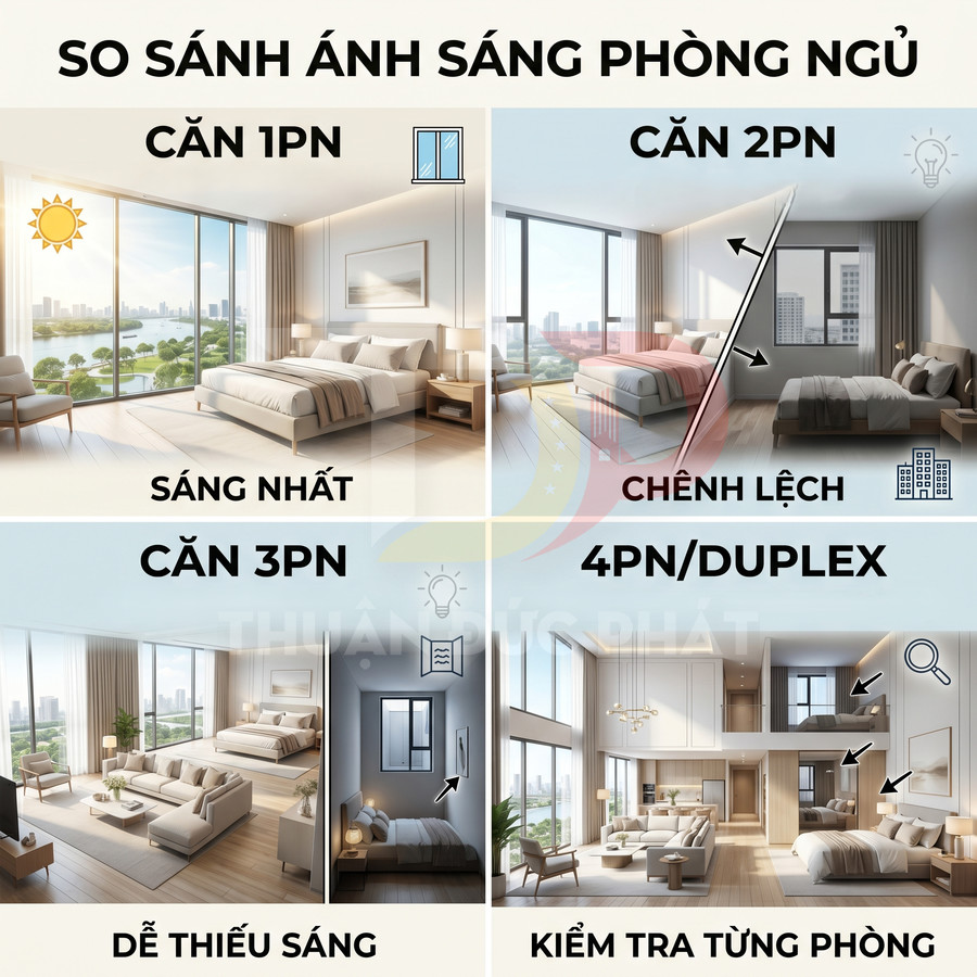 So sánh ánh sáng phòng ngủ các loại căn hộ 1PN, 2PN, 3PN và 4PN duplex với cửa sổ và độ sáng khác nhau