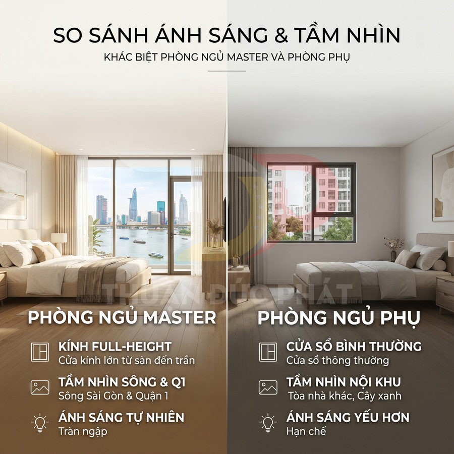 So sánh phòng ngủ master cửa kính full height view sông với phòng ngủ phụ cửa sổ nhỏ ánh sáng hạn chế