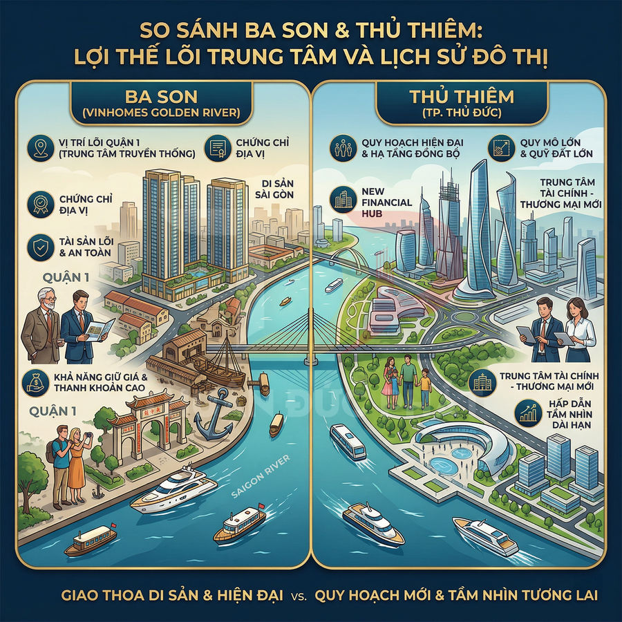 Infographic so sánh bất động sản Ba Son Vinhomes Golden River và Thủ Thiêm tại TP HCM bên sông Sài Gòn