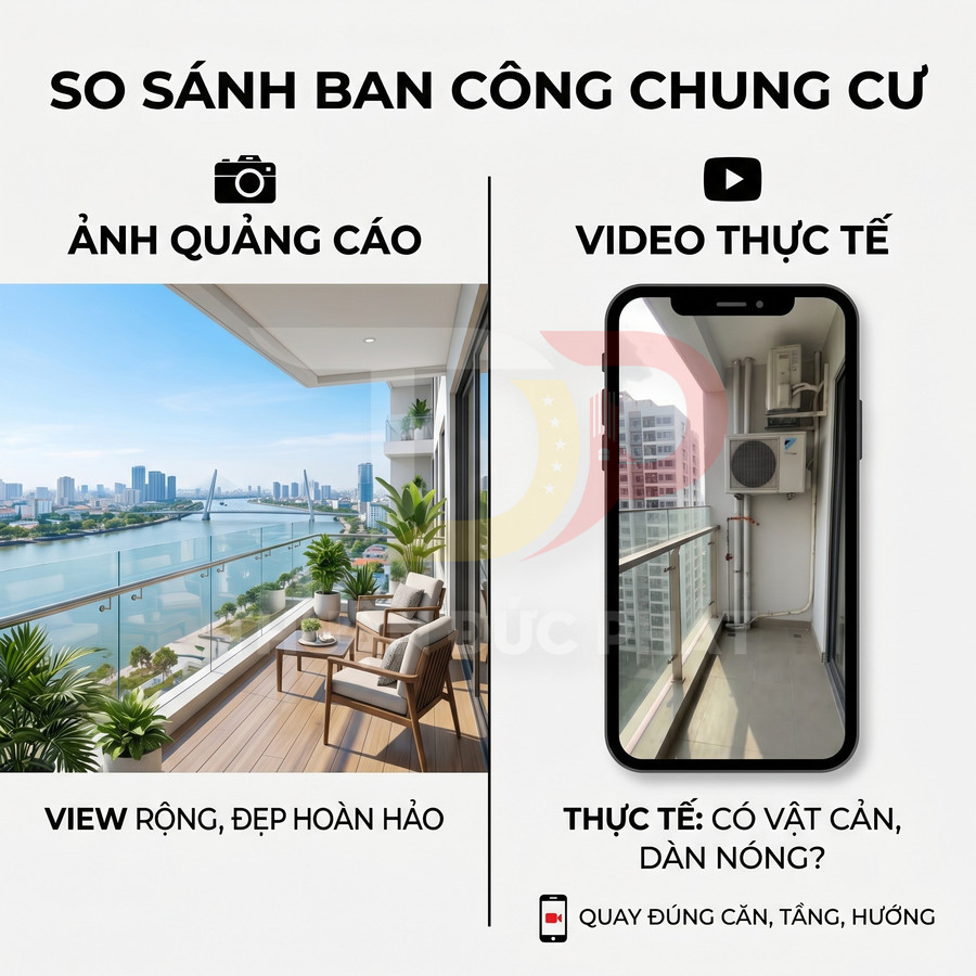 So sánh ban công chung cư ảnh quảng cáo view rộng đẹp và video thực tế quay bằng smartphone có dàn nóng chắn tầm nhìn