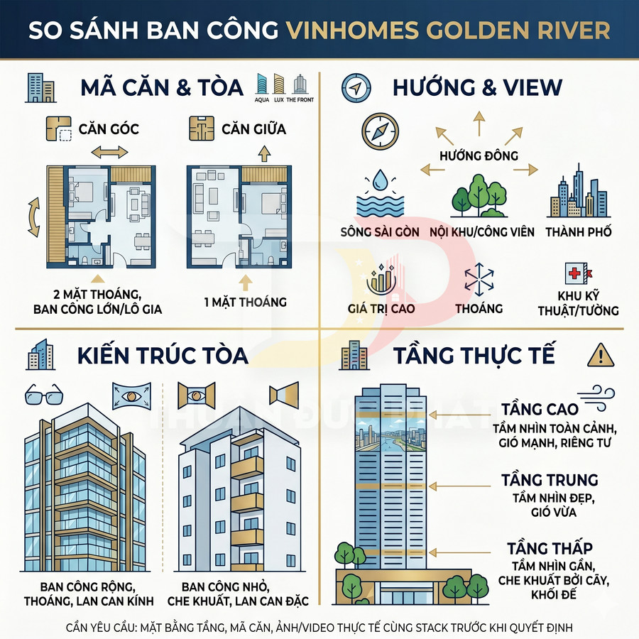 So sánh ban công căn hộ Vinhomes Golden River về mã căn, hướng view, kiến trúc tòa nhà và tầng thực tế
