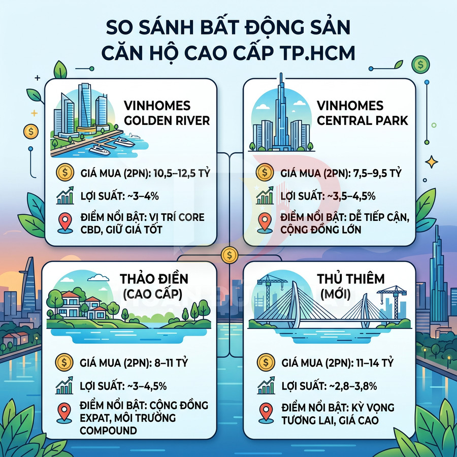 Infographic so sánh giá mua và lợi suất căn hộ cao cấp TP.HCM: Vinhomes Golden River, Central Park, Thảo Điền, Thủ Thiêm