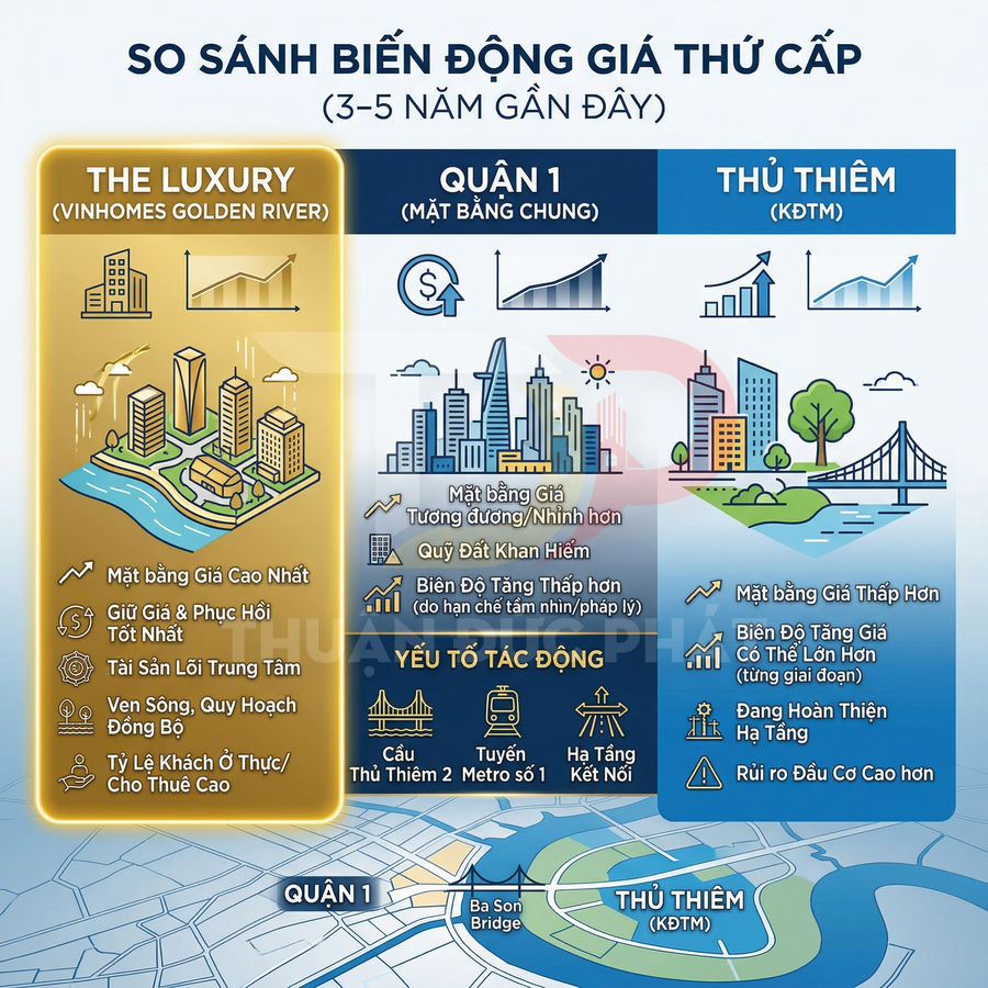 Infographic so sánh biến động giá bất động sản The Luxury Vinhomes Golden River, Quận 1 và Thủ Thiêm