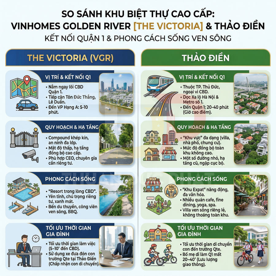 So sánh khu biệt thự cao cấp Vinhomes Golden River The Victoria và Thảo Điền về vị trí, hạ tầng, phong cách sống