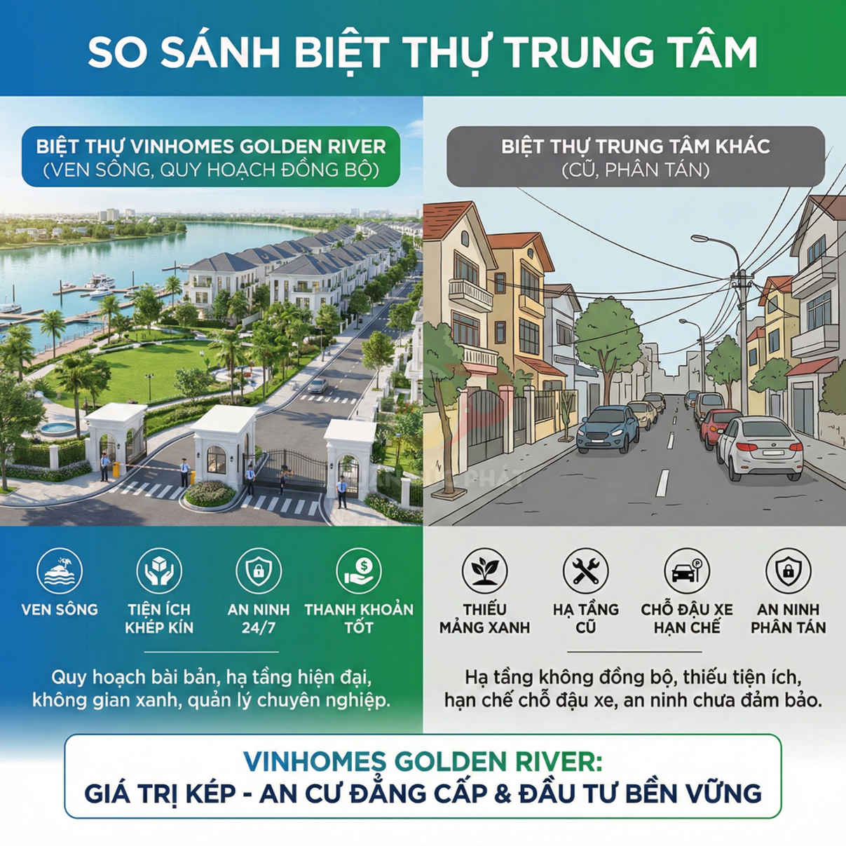 So sánh biệt thự Vinhomes Golden River ven sông hiện đại với khu biệt thự trung tâm cũ thiếu tiện ích