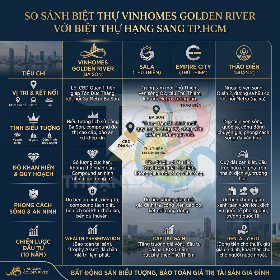 Infographic so sánh biệt thự Vinhomes Golden River Ba Son với Sala, Empire City và Thảo Điền tại TP HCM