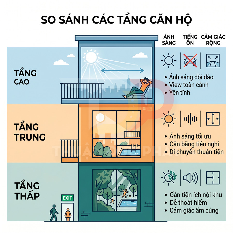 So sánh ưu nhược điểm căn hộ tầng cao, tầng trung và tầng thấp về ánh sáng, tiếng ồn, tiện ích