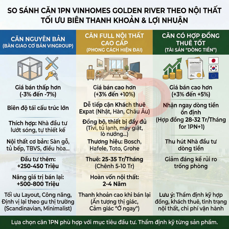Bảng so sánh các gói nội thất căn hộ 1 phòng ngủ Vinhomes Golden River theo hiệu quả đầu tư