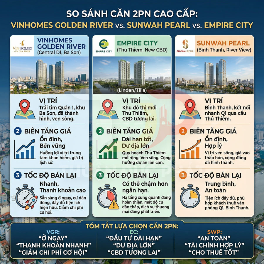 Infographic so sánh căn hộ 2 phòng ngủ cao cấp Vinhomes Golden River, Empire City và Sunwah Pearl tại TP HCM