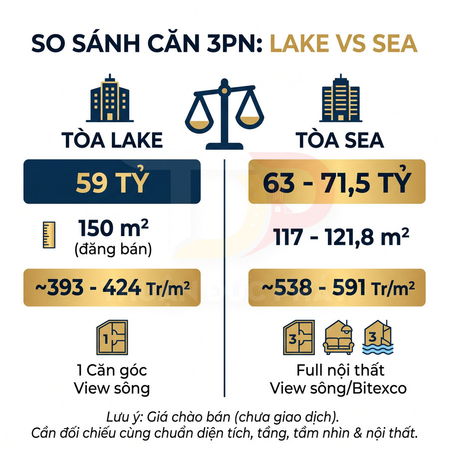 So sánh căn hộ 3PN tại tòa Lake và tòa Sea với giá bán, diện tích, giá mỗi mét vuông và tiện ích nội thất, tầm nhìn.