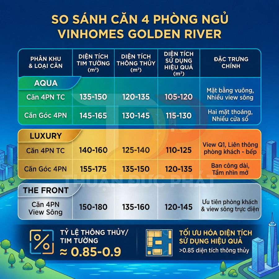 Bảng so sánh diện tích và đặc trưng căn hộ 4 phòng ngủ Vinhomes Golden River các phân khu Aqua Luxury The Front