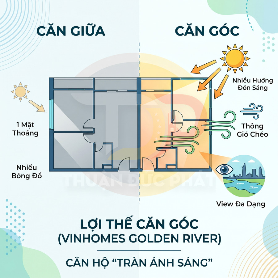 So sánh mặt bằng căn giữa và căn góc Vinhomes Golden River với ưu điểm đón sáng, thông gió, view đa dạng