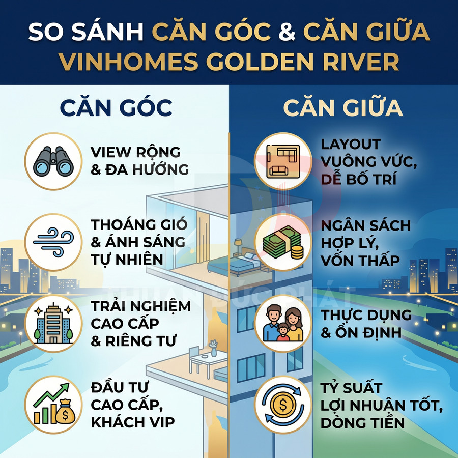 So sánh ưu điểm căn góc và căn giữa dự án căn hộ Vinhomes Golden River bên sông ban đêm