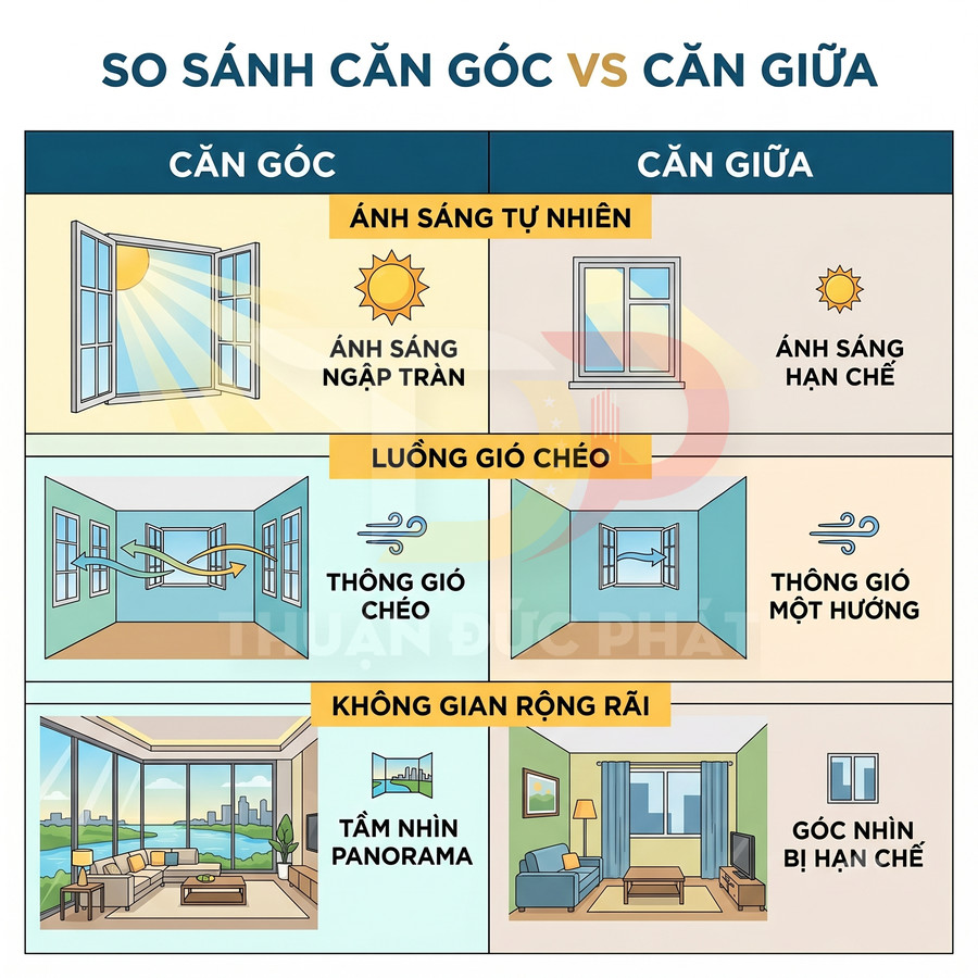 So sánh ưu điểm căn góc và căn giữa về ánh sáng, thông gió, không gian và tầm nhìn panorama trong chung cư