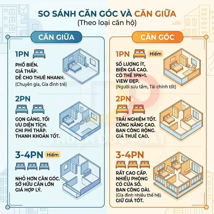 Infographic so sánh ưu nhược điểm căn hộ căn góc và căn giữa theo số phòng ngủ