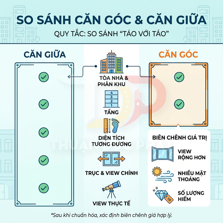 So sánh ưu điểm căn góc và căn giữa chung cư về diện tích, view, độ thoáng và giá trị căn hộ