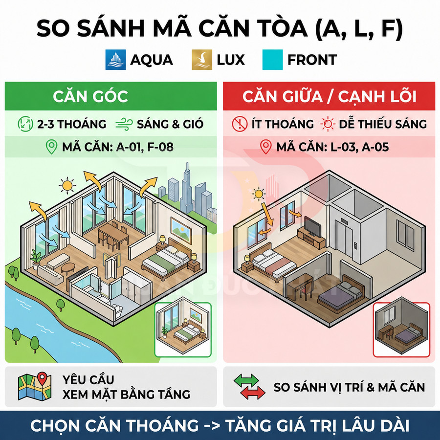 So sánh căn hộ góc thoáng sáng nhiều cửa sổ với căn hộ giữa ít thoáng dễ thiếu sáng trong tòa nhà Aqua Lux Front