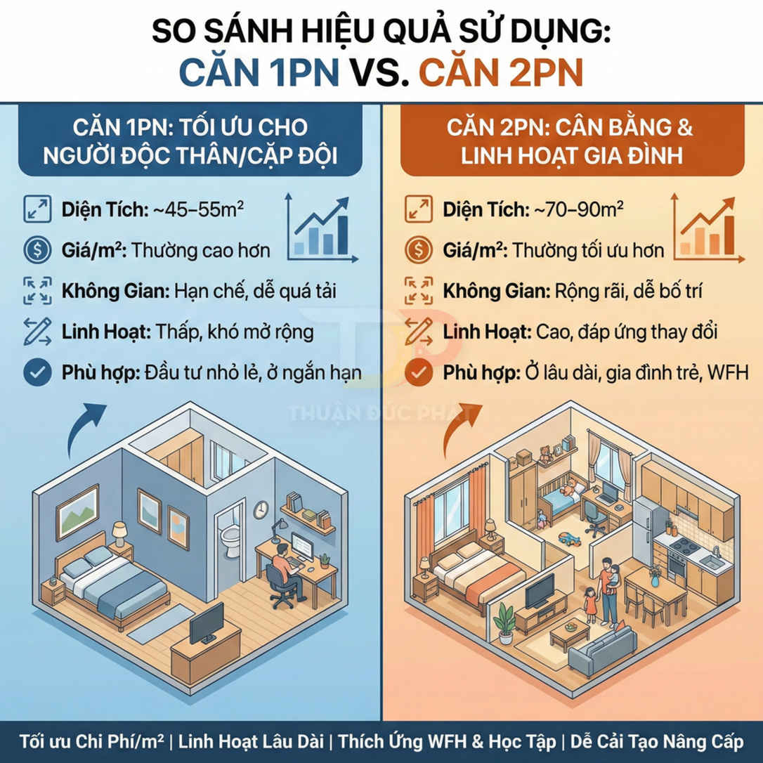 So sánh căn hộ 1 phòng ngủ cho người độc thân với căn hộ 2 phòng ngủ cho gia đình, minh họa không gian và tiện ích