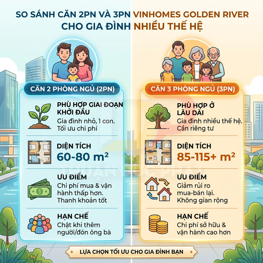 Infographic so sánh căn hộ 2 phòng ngủ và 3 phòng ngủ Vinhomes Golden River cho gia đình nhiều thế hệ