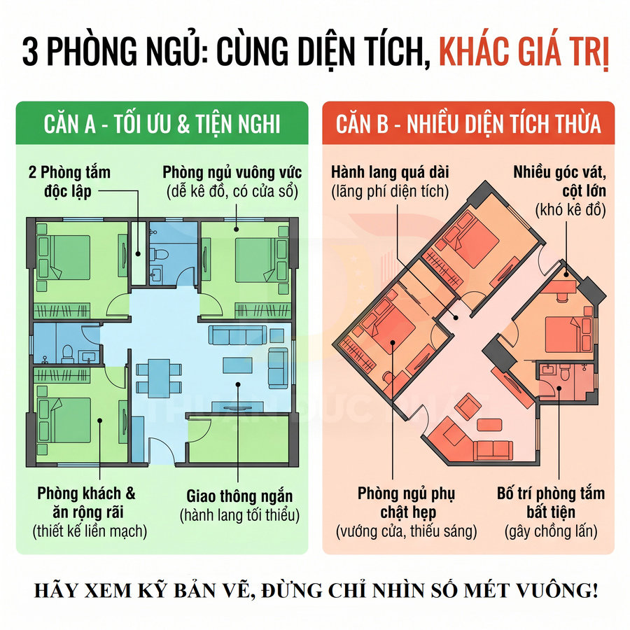 Sơ đồ so sánh hai mặt bằng căn hộ 3 phòng ngủ, làm nổi bật thiết kế tối ưu và tiện nghi so với bố trí lãng phí diện tích.