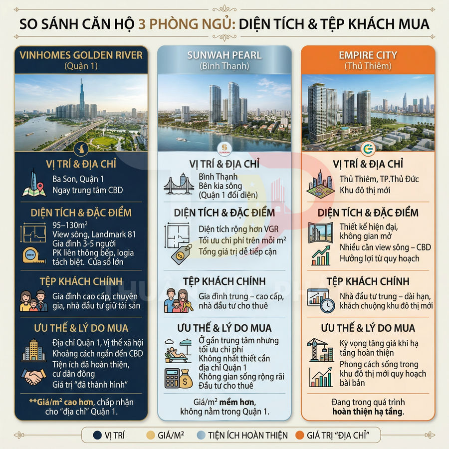 Infographic so sánh căn hộ 3 phòng ngủ Vinhomes Golden River, Sunwah Pearl và Empire City tại TP HCM
