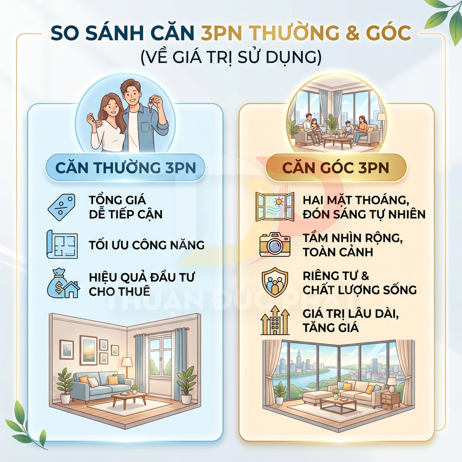 So sánh ưu điểm căn hộ 3 phòng ngủ thường và căn góc 3 phòng ngủ về giá trị sử dụng