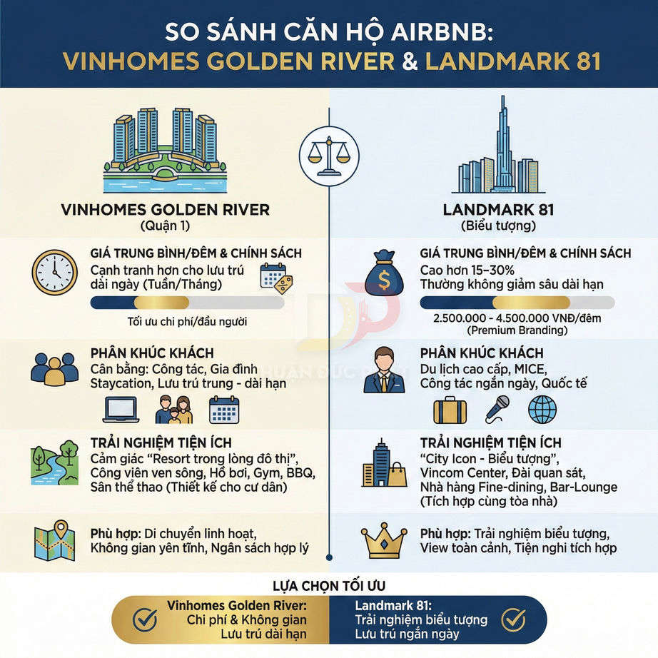 Infographic so sánh căn hộ Airbnb Vinhomes Golden River và Landmark 81 về giá, phân khúc khách, tiện ích, lựa chọn lưu trú