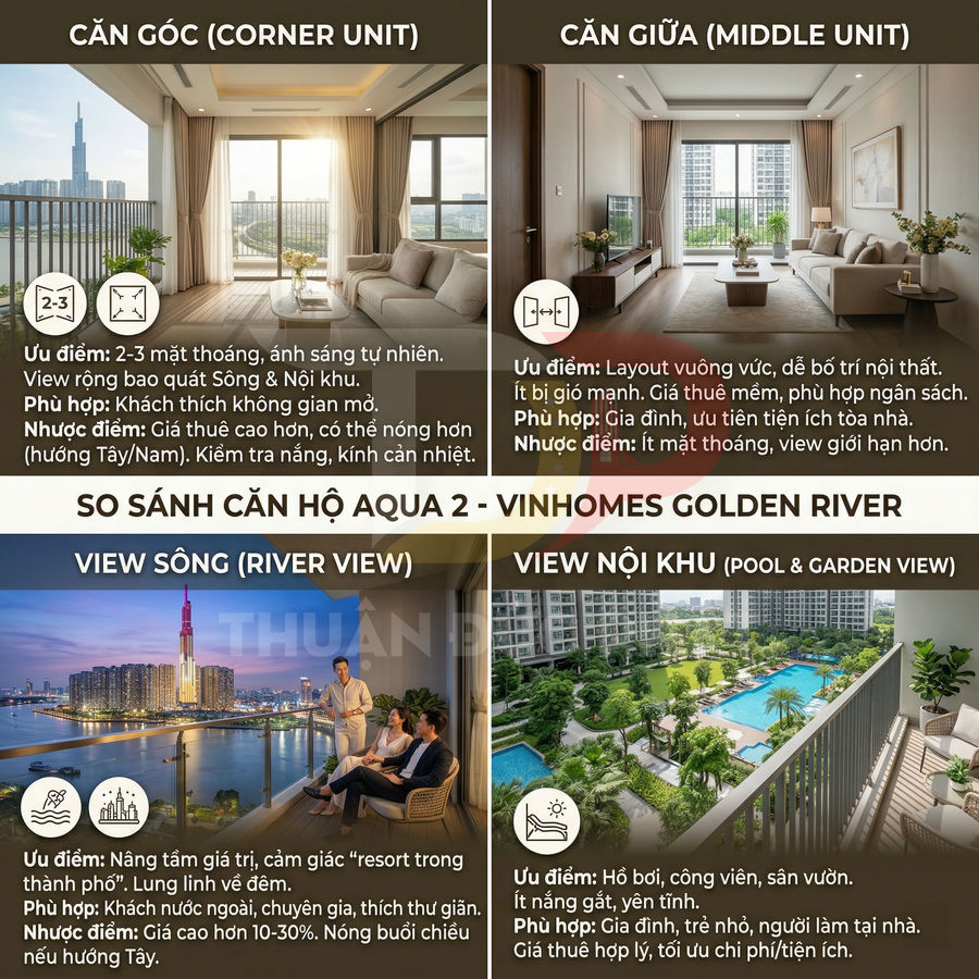 So sánh căn hộ Aqua 2 Vinhomes Golden River với view sông và view nội khu hồ bơi, vườn cây