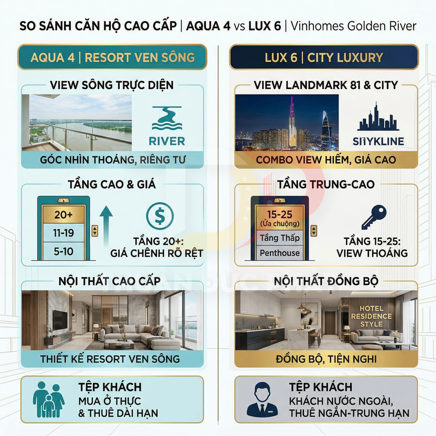 So sánh căn hộ cao cấp Aqua 4 resort ven sông và Lux 6 city luxury tại Vinhomes Golden River