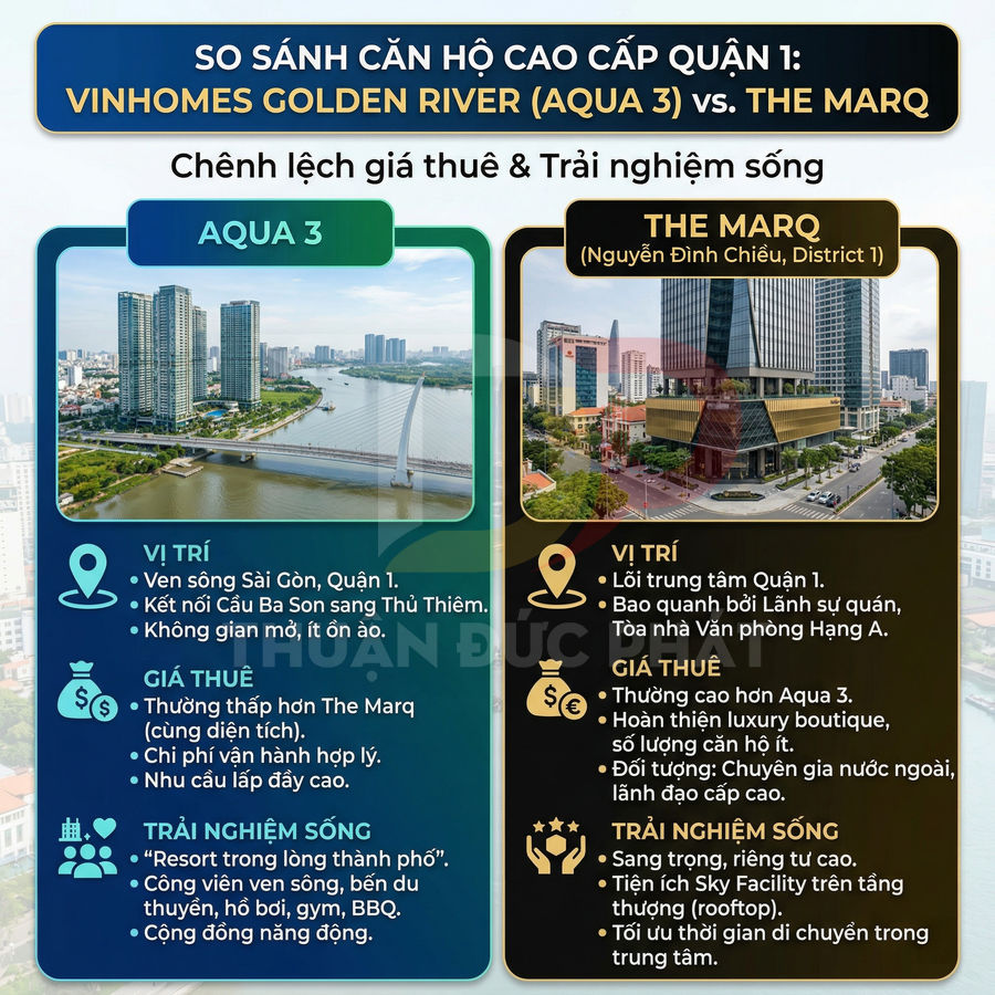 So sánh căn hộ cao cấp Vinhomes Golden River Aqua 3 và The Marq tại Quận 1, TP HCM