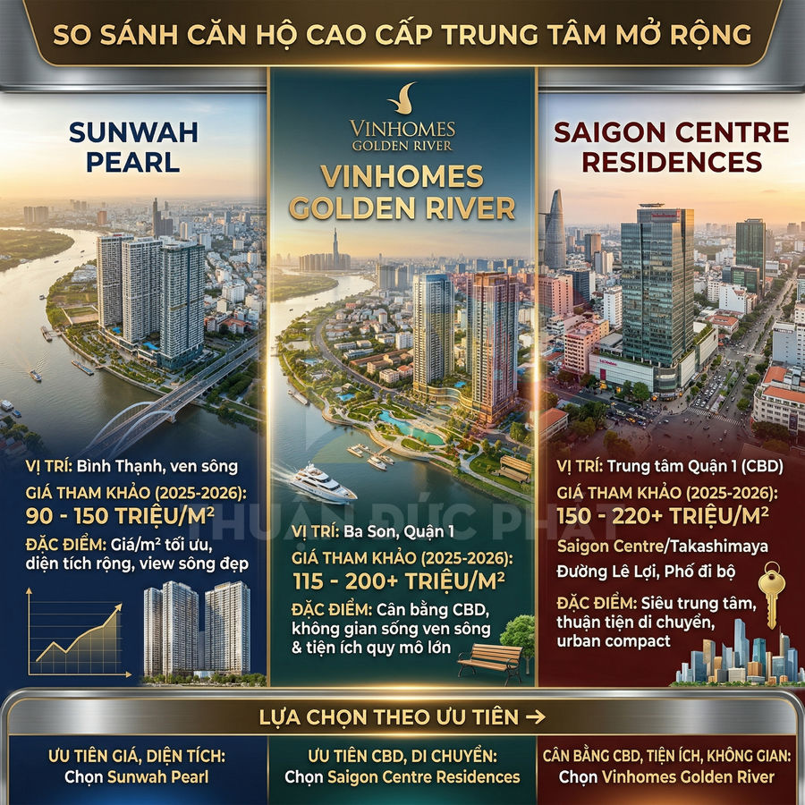 So sánh căn hộ cao cấp Sunwah Pearl, Vinhomes Golden River và Saigon Centre Residences