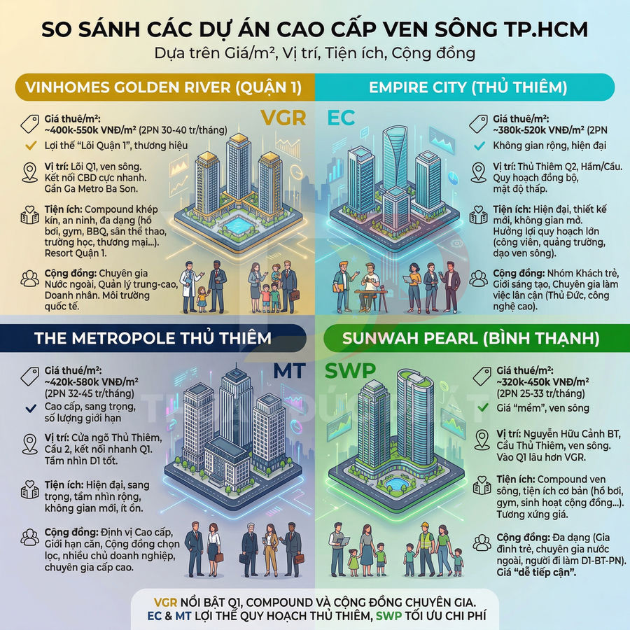 Infographic so sánh các dự án căn hộ cao cấp ven sông TP HCM: Vinhomes Golden River, Empire City, The Metropole, Sunwah Pearl