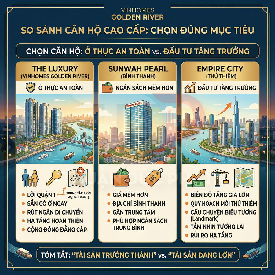 Infographic so sánh căn hộ cao cấp Vinhomes Golden River, Sunwah Pearl và Empire City theo mục tiêu an cư và đầu tư