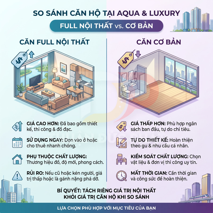 So sánh căn hộ full nội thất và căn hộ cơ bản tại Aqua Luxury với ưu nhược điểm chi tiết