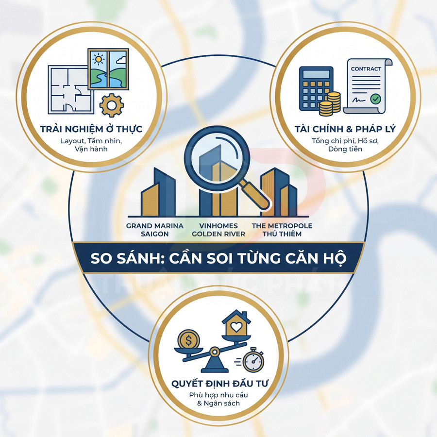 So sánh căn hộ Grand Marina Saigon, Vinhomes Golden River và The Metropole Thủ Thiêm về trải nghiệm, tài chính pháp lý và đầu tư