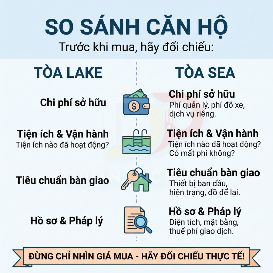 So sánh căn hộ tòa Lake và tòa Sea về chi phí sở hữu, tiện ích, bàn giao và hồ sơ pháp lý