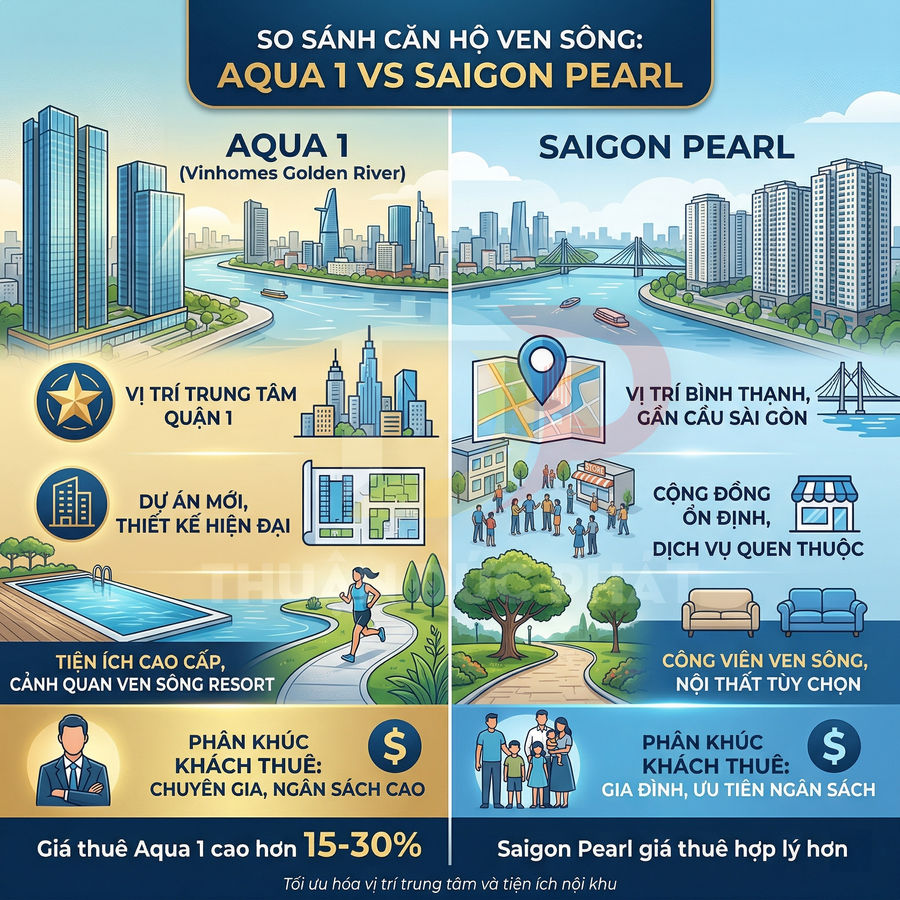 Infographic so sánh căn hộ ven sông Aqua 1 Vinhomes Golden River và Saigon Pearl về vị trí, tiện ích, giá thuê