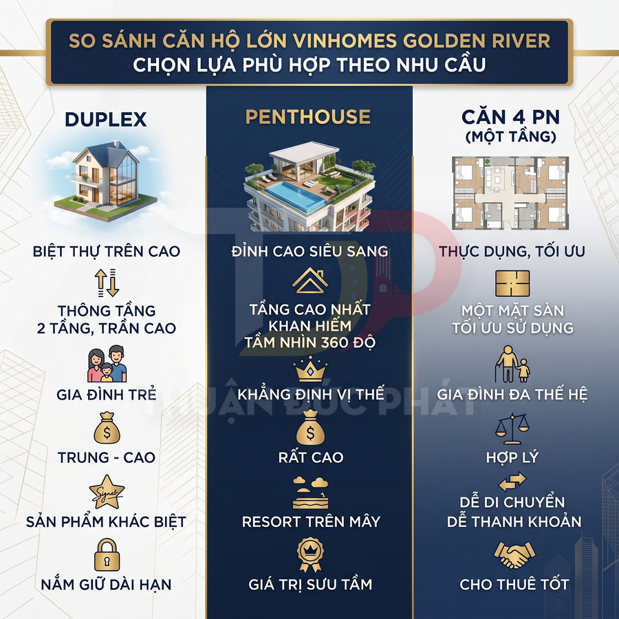 So sánh căn hộ lớn Vinhomes Golden River giữa duplex, penthouse và căn hộ 4 phòng ngủ một tầng