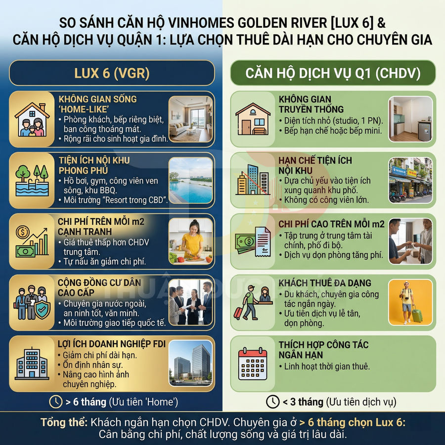 Infographic so sánh căn hộ Vinhomes Golden River Lux 6 và căn hộ dịch vụ quận 1 cho thuê dài hạn