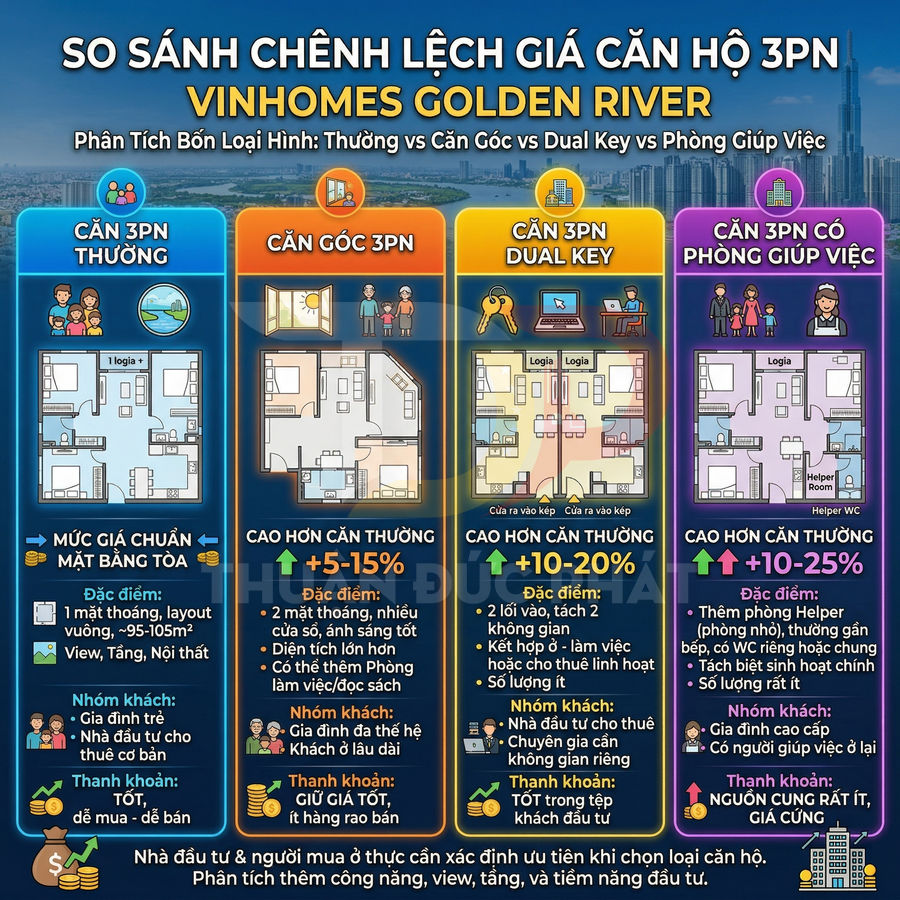 Infographic so sánh chênh lệch giá các loại căn hộ 3 phòng ngủ tại Vinhomes Golden River
