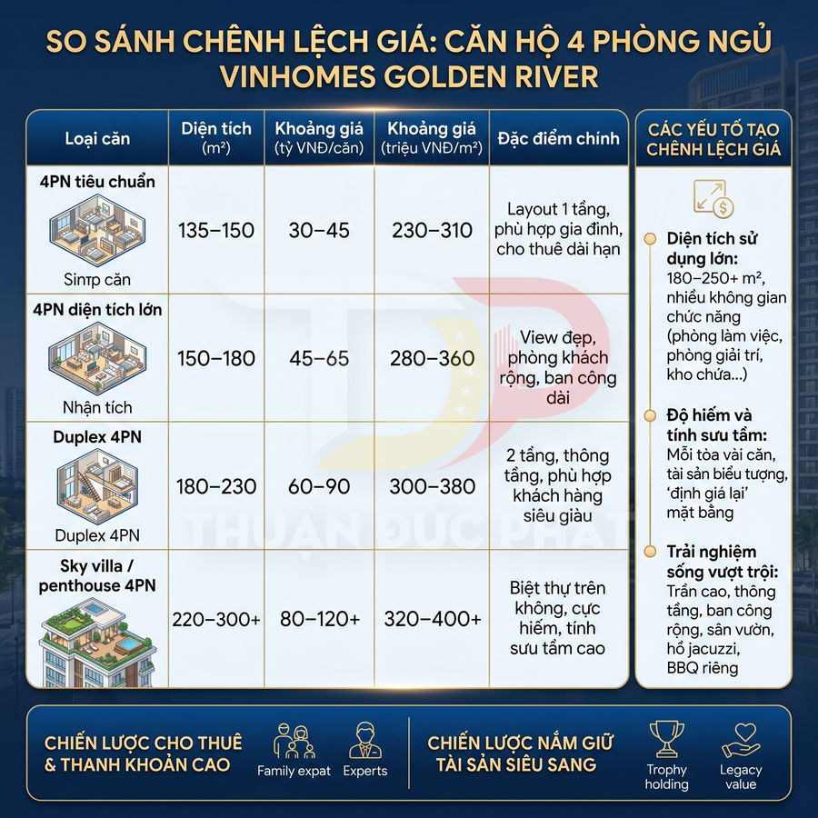 Bảng so sánh giá và diện tích các loại căn hộ 4 phòng ngủ Vinhomes Golden River