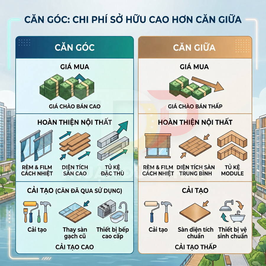 So sánh chi phí sở hữu căn góc và căn giữa chung cư về giá mua, hoàn thiện nội thất và chi phí cải tạo