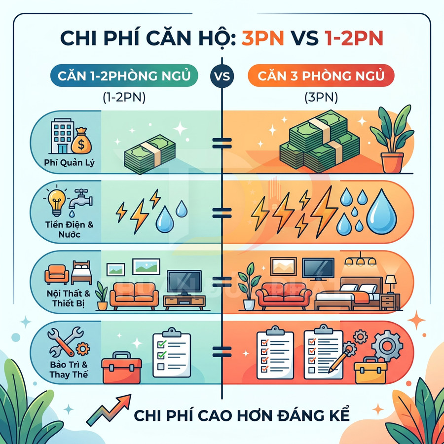 Infographic so sánh chi phí căn hộ 1-2 phòng ngủ và căn hộ 3 phòng ngủ với các hạng mục chi tiêu chính