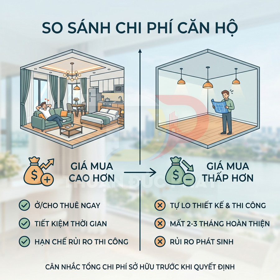 So sánh chi phí căn hộ hoàn thiện nội thất và căn hộ thô với ưu nhược điểm khi mua