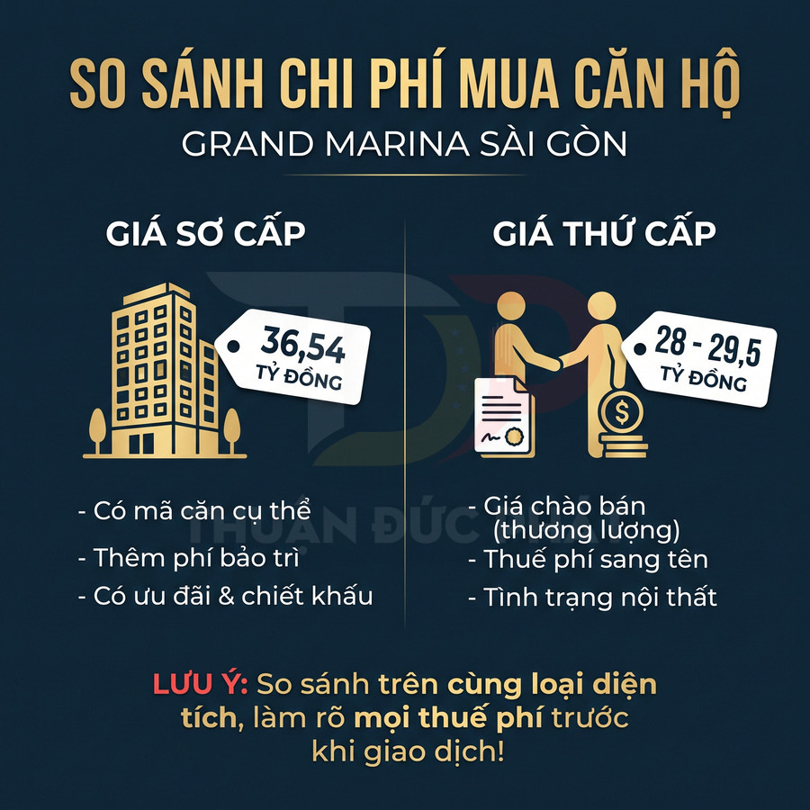 So sánh giá căn hộ Grand Marina Sài Gòn với giá sơ cấp 36,54 tỷ đồng và giá thứ cấp 28 đến 29,5 tỷ đồng